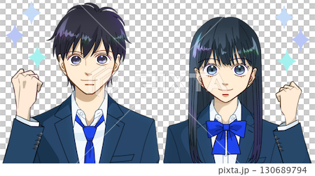 笑顔でガッツポーズをする高校生または中学生の男女のアニメ風イラスト、白バック 130689794