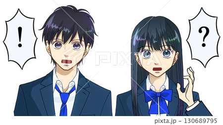 焦る、驚く、高校生または中学生の男女のアニメ風イラスト、白バック 130689795
