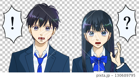 焦る、驚く、高校生または中学生の男女のアニメ風イラスト、白バック 130689795