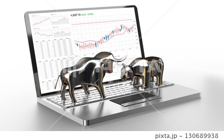 Bull and bear, calculator - stock exchange, finane concept - 3D illustration Bull and bear, calculator - stock exchange, finane concept - 3D illustration 130689938
