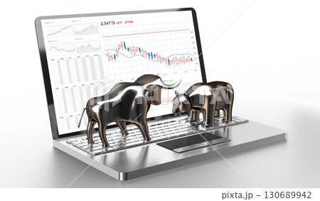 Bull and bear, calculator - stock exchange, finane concept - 3D illustration Bull and bear, calculator - stock exchange, finane concept - 3D illustration 130689942