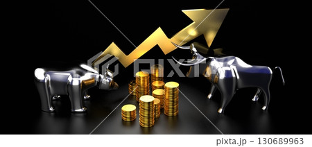 Bull and bear, growth chart - stock exchange, market concept - 3D rendering 130689963