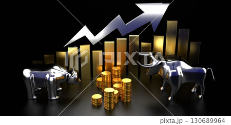 Bull and bear, growth chart - stock exchange, market concept - 3D rendering 130689964