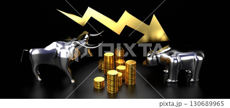 Bull and bear, crisis chart - stock exchange, finance concept - 3D rendering 130689965