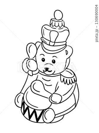 Vintage teddy bear toy drummer with crown and shoulder epaulets in outlined style 130690004