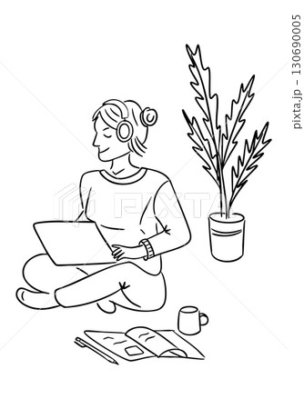 Woman sitting with laptop and headphones, surrounded by coffee, book and houseplant in outlined doodle style 130690005