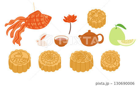 Mid-Autumn Festival elements with mooncakes, rabbit, tea set, lantern and fruit in flat vector style 130690006
