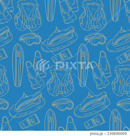 Seamless pattern with summer adventure gear including surfboards, jet skis, goggles and sunscreen Seamless pattern with summer adventure gear including surfboards, jet skis, goggles and sunscreen 130690009