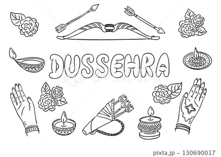 Hand drawn vector illustration for dussehra festival with bow, arrows, diya lamps, flowers and decorated hands in outline style 130690017