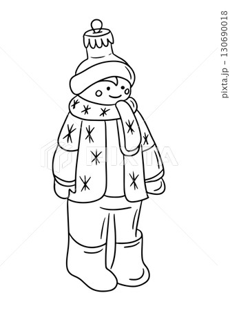 Hand drawn vector illustration of a vintage Christmas toy shaped like a child in winter clothes with hat, scarf and boots Hand drawn vector illustration of a vintage Christmas toy shaped like a child in winter clothes with hat, scarf and boots 130690018