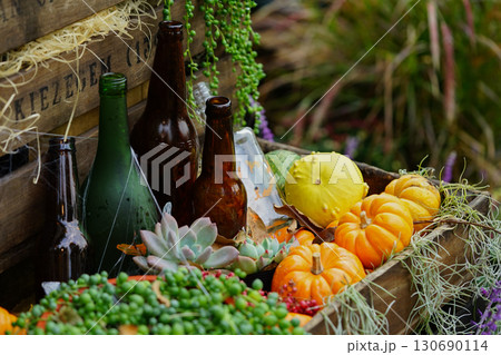 木箱に並んだミニかぼちゃや多肉植物、ガラスボトルをあしらったハロウィンのディスプレイ。 130690114