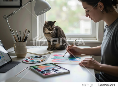 Artist Painting Watercolors in a Minimalist Home Office with a Cat and Natural Light 130690394