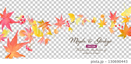 銀杏樹、莓果和紅楓交相輝映的波浪形背景。秋日水彩畫。橫幅背景。 （向量） 130690443