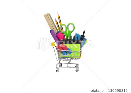 School and office stationery set in a shopping cart School and office stationery set in a shopping cart 130690813
