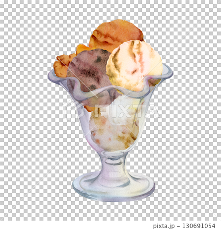 Scoop of vanilla chocolate creme brulee gelato ice cream in sundae tulip glass dessert bowl. Isolated illustration hand drawn in watercolor. Patisserie branding, gourmet packaging, kitchen print. 130691054