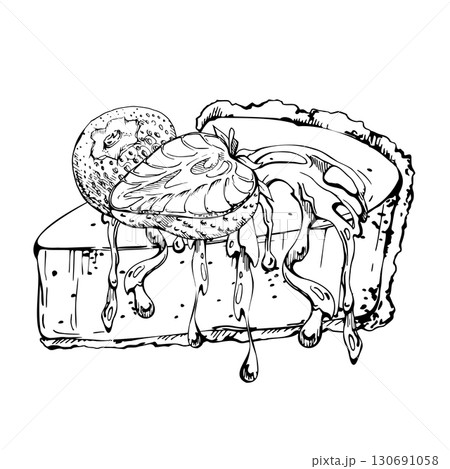 Fresh cut strawberry on cheesecake wedge with berries and jam syrup glaze trickle. Illustration hand drawn in vector ink, isolated for baking blog, product packaging, gourmet food journal graphics. 130691058