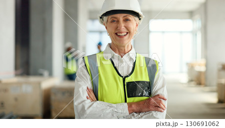 Happy woman, arms crossed and mature architect portrait of construction worker, industrial engineer or real estate contractor. Builder, PPE and building renovation of property development project Happy woman, arms crossed and mature architect portrait of construction worker, industrial engineer or real estate contractor. Builder, PPE and building renovation of property development project 130691062