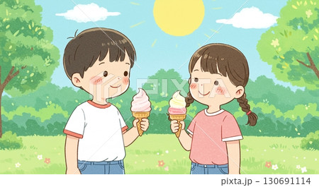 夏の日差しの中、公園でアイスを食べる仲良し兄妹のイラスト 130691114