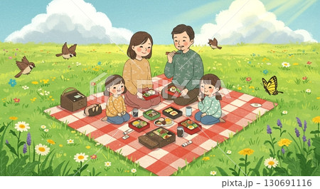 最高の休日！絵本風に描かれた家族のピクニック 130691116