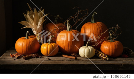 Mystical pumpkin still life on rustic wooden table with small white gourds dried corn husks 130691143