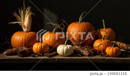 Mystical pumpkin still life on rustic wooden table with small white gourds dried corn husks 130691158