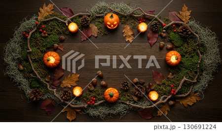 Haunted forest floor flat lay with carved jack o lantern minis warm candle glow 130691224