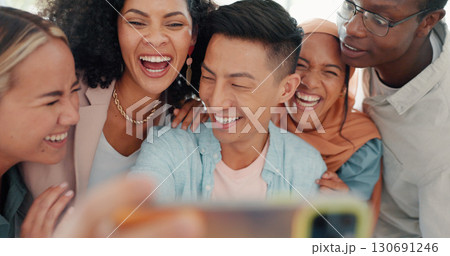 Business people, friends and selfie with laugh in office at startup, community or support for crazy team. Group, excited colleagues or comic profile picture for diversity, solidarity or social media 130691246