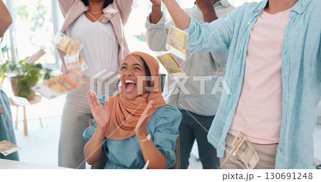 Applause, success and money rain by business people in office for startup, loan and celebration. Investment, bonus and corporate team celebrating cash, winner and cashback target, goal or kpi reward Applause, success and money rain by business people in office for startup, loan and celebration. Investment, bonus and corporate team celebrating cash, winner and cashback target, goal or kpi reward 130691248