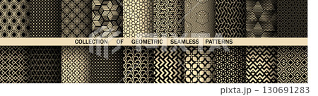 Geometric set of seamless black and golden patterns. Simple vector graphics Geometric set of seamless black and golden patterns. Simple vector graphics 130691283