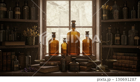Vintage apothecary shelf with amber glass bottles dried herbs brass scale leather books 130691287