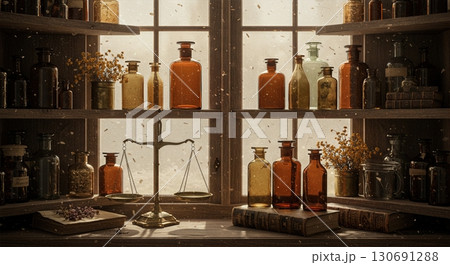 Vintage apothecary shelf with amber glass bottles dried herbs brass scale leather books 130691288