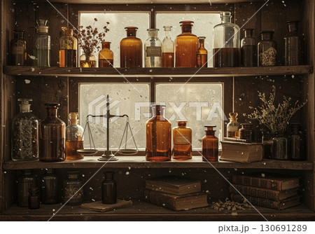 Vintage apothecary shelf with amber glass bottles dried herbs brass scale leather books 130691289