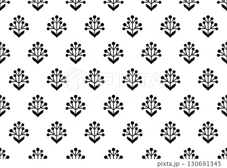 Flower geometric pattern. Seamless vector background. White and black ornament. Ornament for fabric, wallpaper, packaging. Decorative print. Flower geometric pattern. Seamless vector background. White and black ornament. Ornament for fabric, wallpaper, packaging. Decorative print. 130691345
