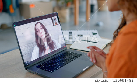 Virtual meeting, laptop and video call with women in a small business team or interview with communication. Screen, strategy planning online and connectivity, creative ideas and pc screen for chat Virtual meeting, laptop and video call with women in a small business team or interview with communication. Screen, strategy planning online and connectivity, creative ideas and pc screen for chat 130691482