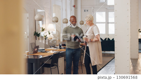 Real estate, business and team in office with tablet for market research, online investor portfolio or sales. House, mortgage and realtor man with woman in luxury property on digital app inspection. Real estate, business and team in office with tablet for market research, online investor portfolio or sales. House, mortgage and realtor man with woman in luxury property on digital app inspection. 130691568