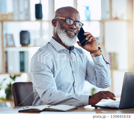 Black man, laptop or phone call for corporate networking, negotiation or client rapport for finance loan deal. Smile, happy or talking businessman on mobile communication technology for conversation Black man, laptop or phone call for corporate networking, negotiation or client rapport for finance loan deal. Smile, happy or talking businessman on mobile communication technology for conversation 130691638