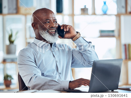 Talking black man, laptop or phone call in corporate networking, negotiation or client rapport on finance loan deal. Smile, happy or ceo businessman on mobile communication technology or conversation Talking black man, laptop or phone call in corporate networking, negotiation or client rapport on finance loan deal. Smile, happy or ceo businessman on mobile communication technology or conversation 130691641