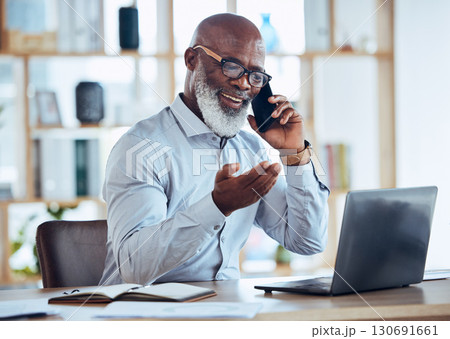 Happy black man, laptop or phone call in corporate networking, negotiation or client rapport on finance loan deal. Smile, talking or ceo businessman on mobile communication technology or conversation 130691661