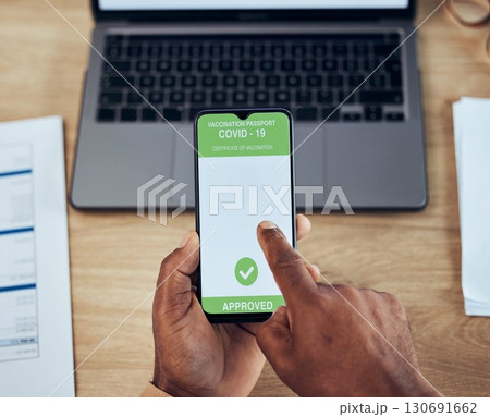 Hands, phone screen and person with a covid qr code, vaccination certificate and travel security. Healthy, safety and man with a barcode on a mobile app for verification of health and corona free Hands, phone screen and person with a covid qr code, vaccination certificate and travel security. Healthy, safety and man with a barcode on a mobile app for verification of health and corona free 130691662