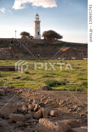 Tourists walking around Paphos lighthouse at archaeological site. Cyprus Tourists walking around Paphos lighthouse at archaeological site. Cyprus 130691743