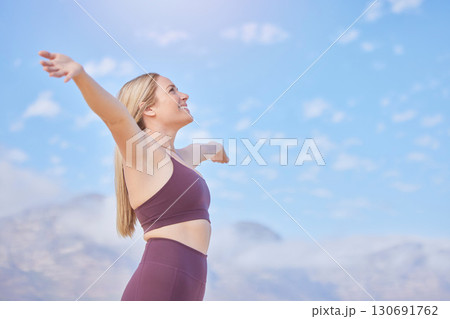 Freedom, arms and woman on blue sky mockup for fitness health, outdoor exercise and spiritual wellness. Winning, winner and happy person or athlete with sports success, stress free and hands in air Freedom, arms and woman on blue sky mockup for fitness health, outdoor exercise and spiritual wellness. Winning, winner and happy person or athlete with sports success, stress free and hands in air 130691762