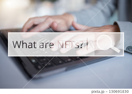 Hands, laptop and cryptocurrency NFT search bar for trading or investing on stock market at office. Hand of employee browsing on computer for online research, blockchain or data on virtual platform 130691830