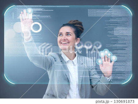 Woman, hands and 3D hologram of dashboard in digital transformation, analytics or data research. Female employee busy on futuristic technology, UI or holographic display for analysis or statistics 130691873