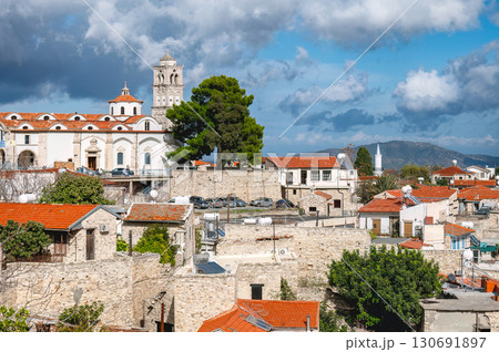Pano Lefkara scenic cityscape showing Church of the Holy Cross and Mosque. Larnaka District 130691897
