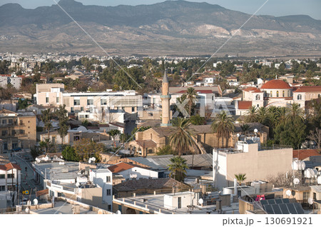Aerial view of Nicosia city in Cyprus showing the urban landscape with a mosque and a church Aerial view of Nicosia city in Cyprus showing the urban landscape with a mosque and a church 130691921
