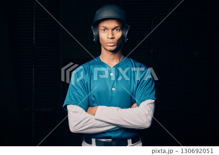 Sports, baseball and portrait of black man on dark background serious about game, practice and competition. Fitness, sport mockup and male athlete focus for exercise, training and workout for match Sports, baseball and portrait of black man on dark background serious about game, practice and competition. Fitness, sport mockup and male athlete focus for exercise, training and workout for match 130692051