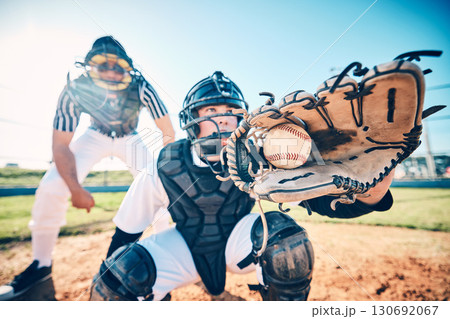 Baseball, players and men on field, gloves and ball for competition, training and fitness. Mit, male athlete and guys outdoor, sportswear and workout for wellness, balance and healthy lifestyle 130692067