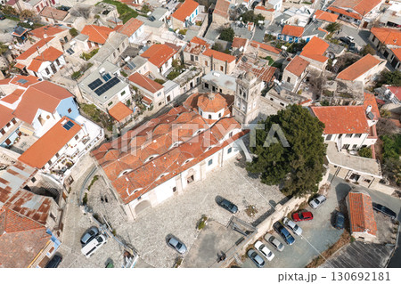 Captivating aerial view showcasing the traditional architecture and vibrant red roofs of Pano Lefkara village in Cyprus, highlighting its historical charm. Larnaca District, Cyprus 130692181