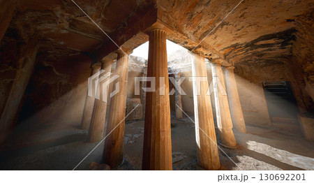 Sunbeams illuminate majestic columns inside an underground tomb in Tombs of the Kings archaeological site, Paphos, Cyprus 130692201