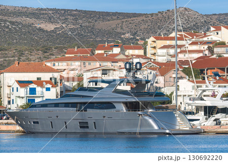 Luxury yacht docking in picturesque Rogoznica, Croatia, on a sunny day 130692220